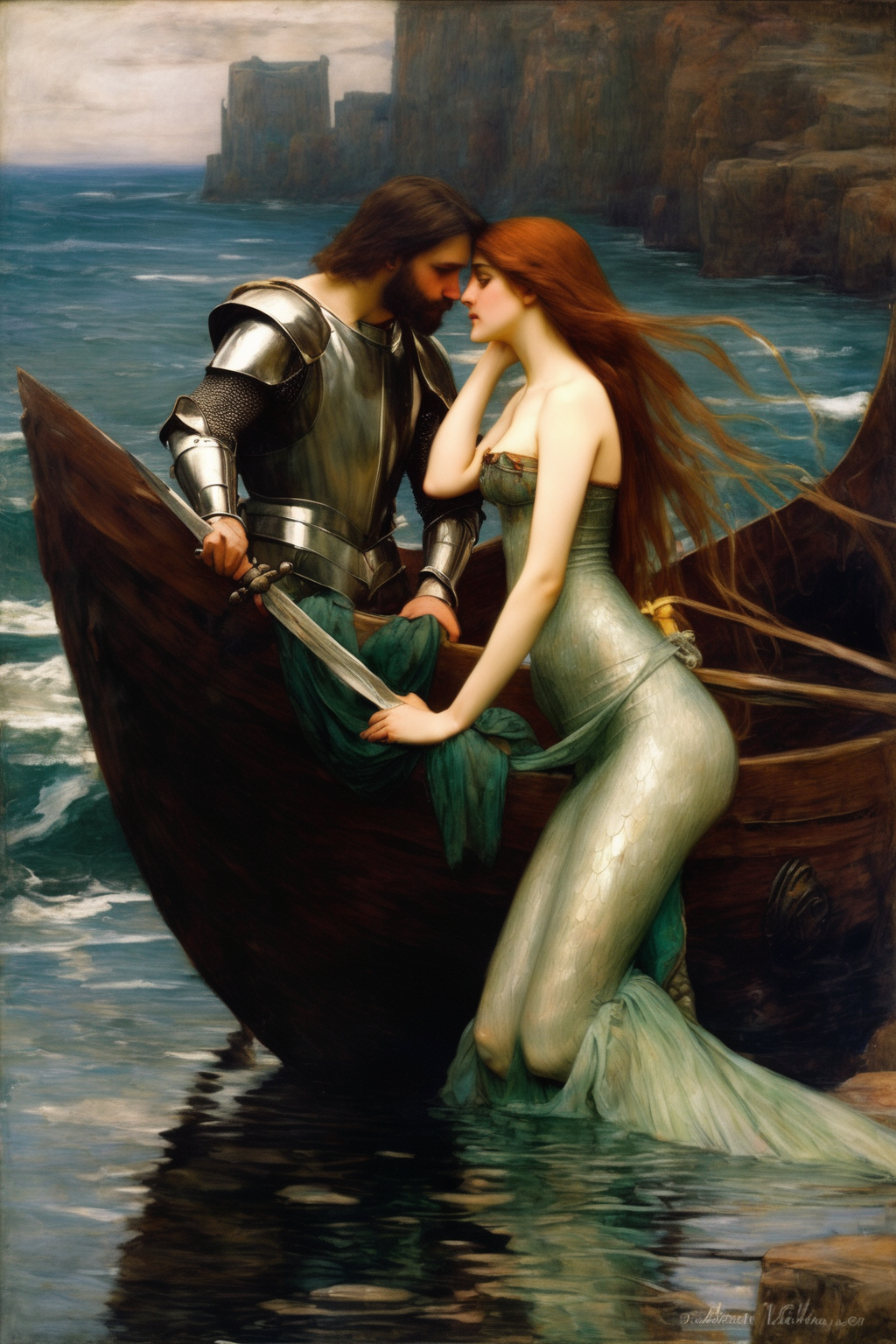 00471-2757055277-John William Waterhouse Style - a beautiful mermaid in love with a Knight, an oil painting.png